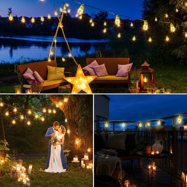 Solar Power USB rechargeable rope hemp 16 bulbs with vibrant mini fur balls Outdoor 8 Modes String Lights Garden Fence Balcony Col. Warm White