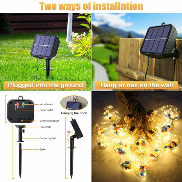 Solar Power USB rechargeable rope hemp 16 bulbs with vibrant mini fur balls Outdoor 8 Modes String Lights Garden Fence Balcony Col. Warm White