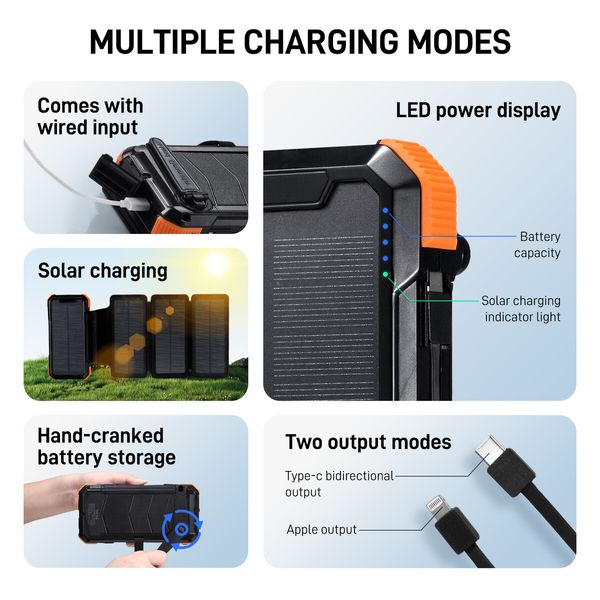 Solar Power Bank Portable Charger 20000mAh Phone Laptop Battery Pack 4 Foldable Panel Kit Camping External LED Flashlight