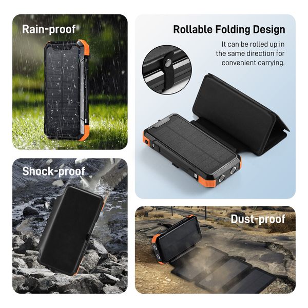 Solar Power Bank Portable Charger 20000mAh Phone Laptop Battery Pack 4 Foldable Panel Kit Camping External LED Flashlight