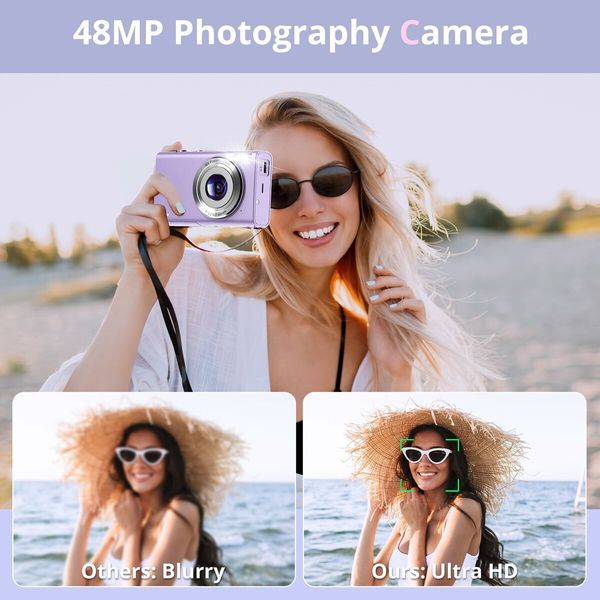 Digital Camera,Autofocus UHD 4K Vlogging Camera with 32GB Card,48MP 16X Digital Zoom Digital Camera,Anti-Shake Portable Compact Point Shoot Camera (Purple)