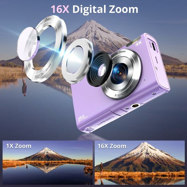 Digital Camera,Autofocus UHD 4K Vlogging Camera with 32GB Card,48MP 16X Digital Zoom Digital Camera,Anti-Shake Portable Compact Point Shoot Camera (Purple)