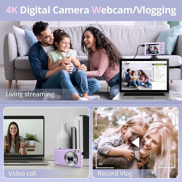 Digital Camera,Autofocus UHD 4K Vlogging Camera with 32GB Card,48MP 16X Digital Zoom Digital Camera,Anti-Shake Portable Compact Point Shoot Camera (Purple)