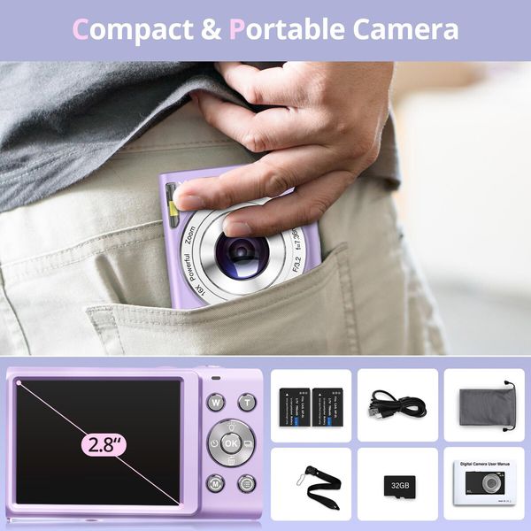 Digital Camera,Autofocus UHD 4K Vlogging Camera with 32GB Card,48MP 16X Digital Zoom Digital Camera,Anti-Shake Portable Compact Point Shoot Camera (Purple)