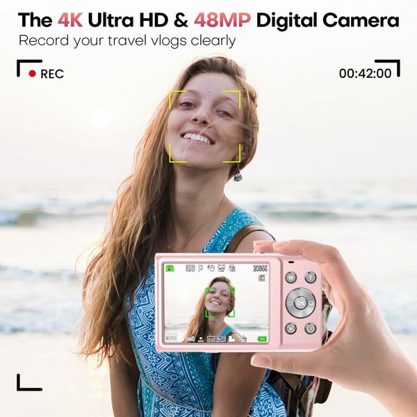 Digital Camera,Autofocus UHD 4K Vlogging Camera with 32GB Card,48MP 16X Digital Zoom Digital Camera,Anti-Shake Portable Compact Point Shoot Camera (Pink)