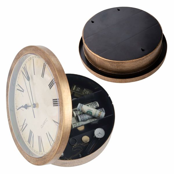 Hidden Safe,Wall Clock Diversion Safe,Secret Compartment,Secret Hidden Clock for Valuables Gold Brown