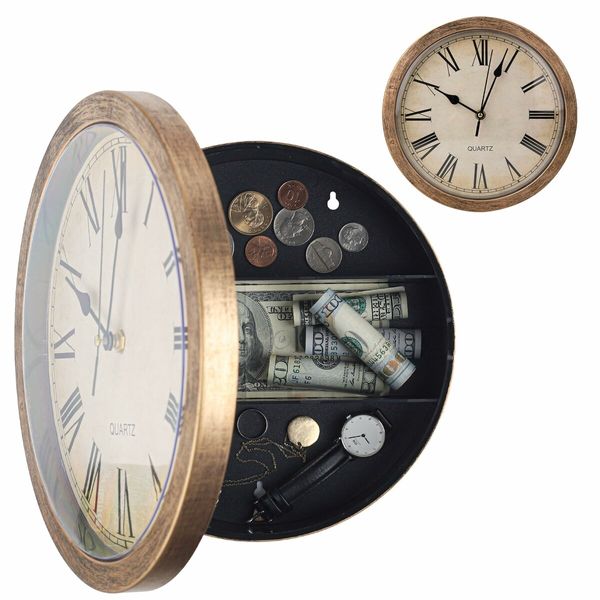 Hidden Safe,Wall Clock Diversion Safe,Secret Compartment,Secret Hidden Clock for Valuables Gold Brown