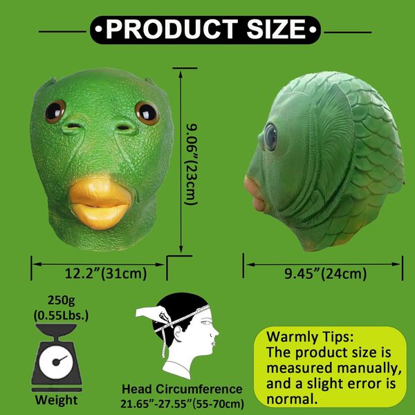 Cute Funny Green Fish Mask Latex Animal Full Head Mask Halloween Costume Cosplay Party Props