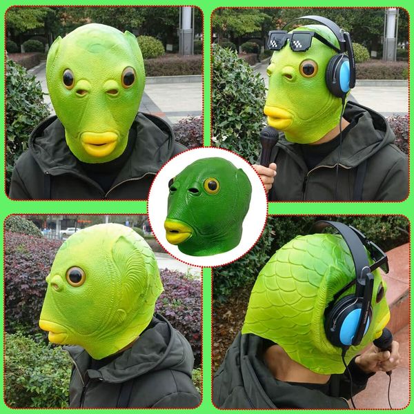 Cute Funny Green Fish Mask Latex Animal Full Head Mask Halloween Costume Cosplay Party Props