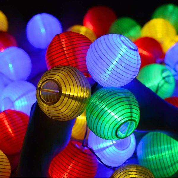 20 LED Solar Paper Lantern String Lights 5m Fabric Festivals Wedding New Year Spring Festival Christmas Party Decorations 8 Modes Multicolor