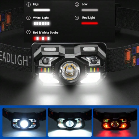 LED Induction Headlight,Super Bright Rechargeable Headlight,5 Modes With White & Red Light,Perfect For Outdoor Camping,Hiking,Fishing,Emergency