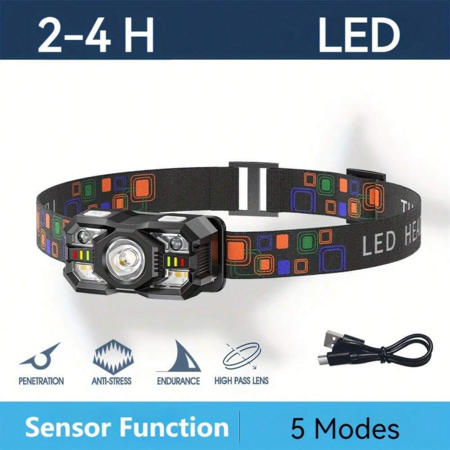 LED Induction Headlight,Super Bright Rechargeable Headlight,5 Modes With White & Red Light,Perfect For Outdoor Camping,Hiking,Fishing,Emergency