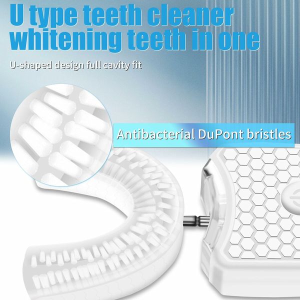 Electric Ultrasonic U-Shaped Toothbrush Bristles 360 Degree Automatic Fully Automatic Intelligent Cleaning Sonic (White)