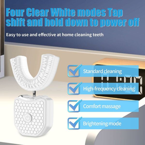 Electric Ultrasonic U-Shaped Toothbrush Bristles 360 Degree Automatic Fully Automatic Intelligent Cleaning Sonic (White)