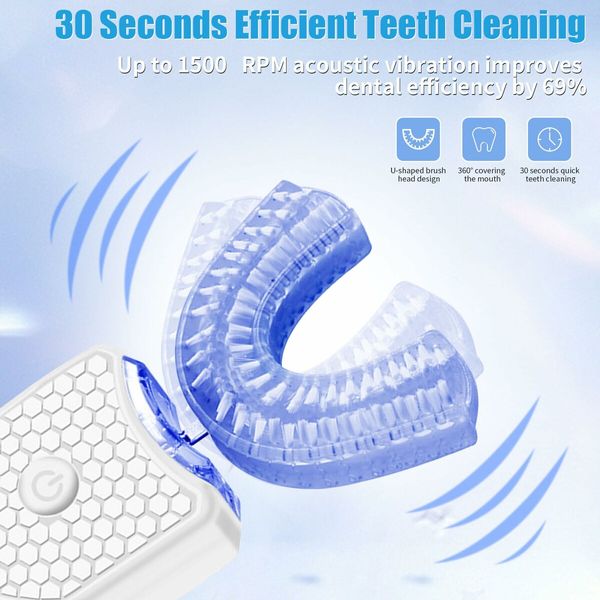 Electric Ultrasonic U-Shaped Toothbrush Bristles 360 Degree Automatic Fully Automatic Intelligent Cleaning Sonic (White)