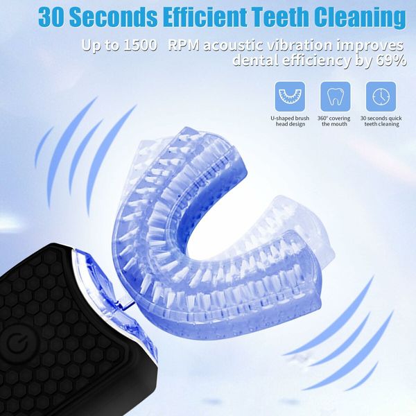 Electric Ultrasonic U-Shaped Toothbrush Bristles 360 Degree Automatic Fully Automatic Intelligent Cleaning Sonic (Black)