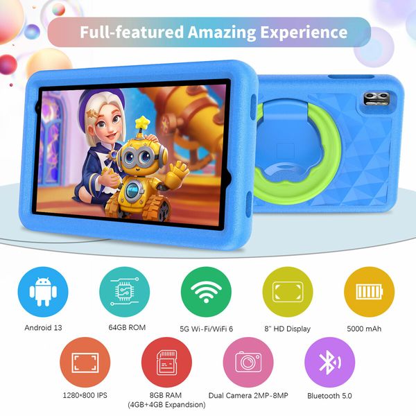 8 Inch Android 13 Kids Tablet 4GB RAM 64GB ROM Parental Control Pre-Installed Apps Educational Learning Tablet Case