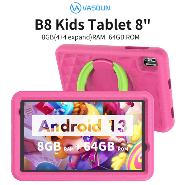 8 Inch Android 13 Kids Tablet 4GB RAM 64GB ROM Parental Control Pre-Installed Apps Educational Learning Tablet Case