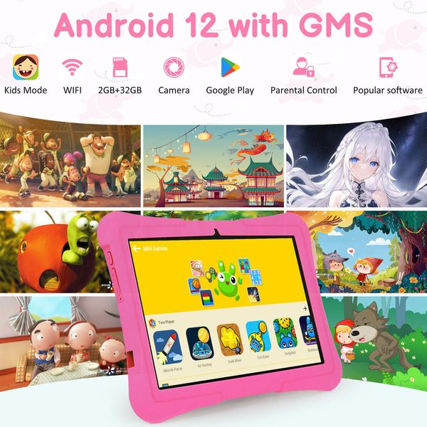 10 Inch Android 13 Kids Tablet 4GB RAM 128GB ROM Parental Control Pre-Installed Apps Educational Learning Tablet Case