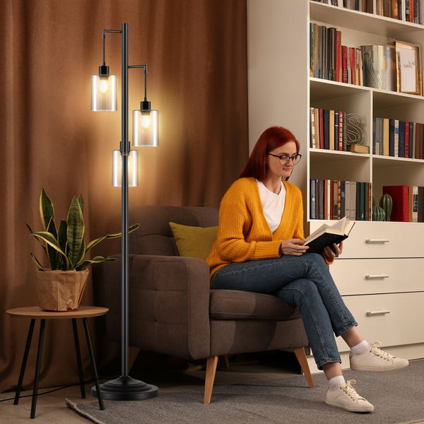 Modern LED Floor Lamp 3 Lights Black Standing Corner Reading Light Living Sitting Room Decor 165cm with Glass Lampshades