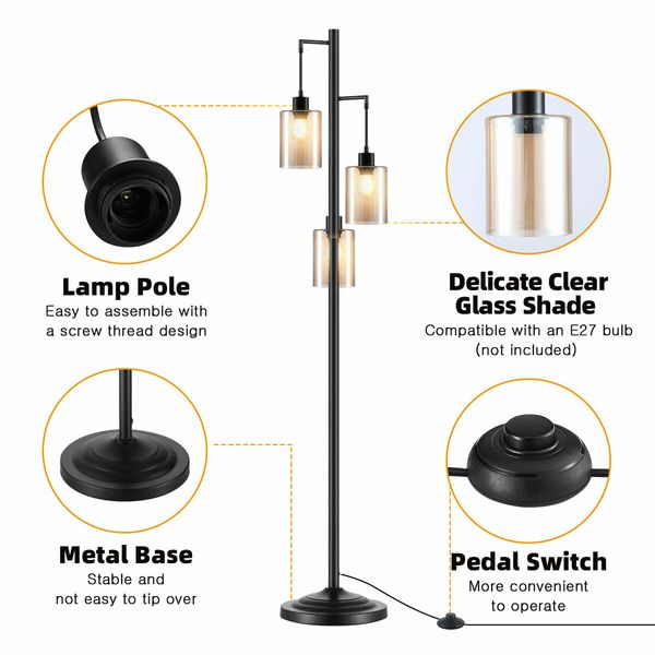 Modern LED Floor Lamp 3 Lights Black Standing Corner Reading Light Living Sitting Room Decor 165cm with Glass Lampshades