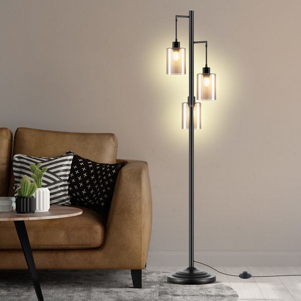 Modern LED Floor Lamp 3 Lights Black Standing Corner Reading Light Living Sitting Room Decor 165cm with Glass Lampshades