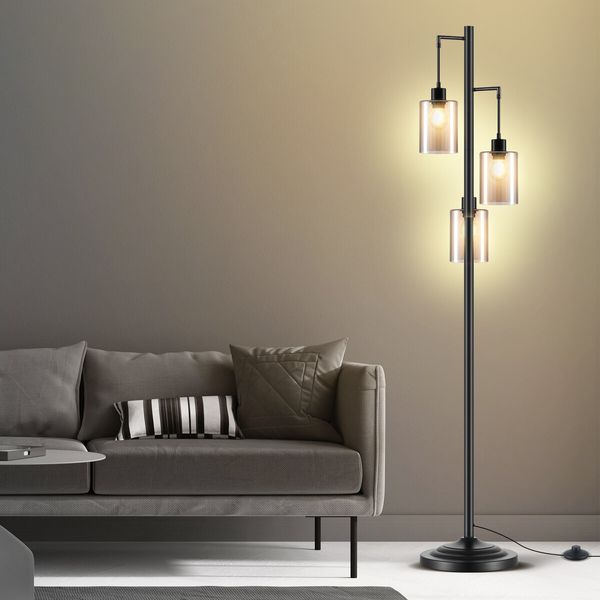 Modern LED Floor Lamp 3 Lights Black Standing Corner Reading Light Living Sitting Room Decor 165cm with Glass Lampshades