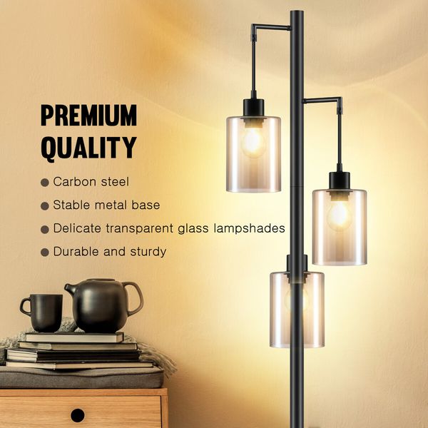 Modern LED Floor Lamp 3 Lights Black Standing Corner Reading Light Living Sitting Room Decor 165cm with Glass Lampshades