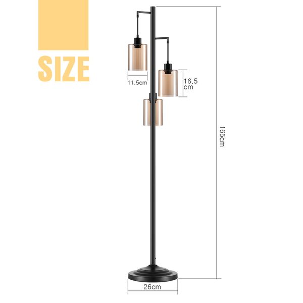 Modern LED Floor Lamp 3 Lights Black Standing Corner Reading Light Living Sitting Room Decor 165cm with Glass Lampshades