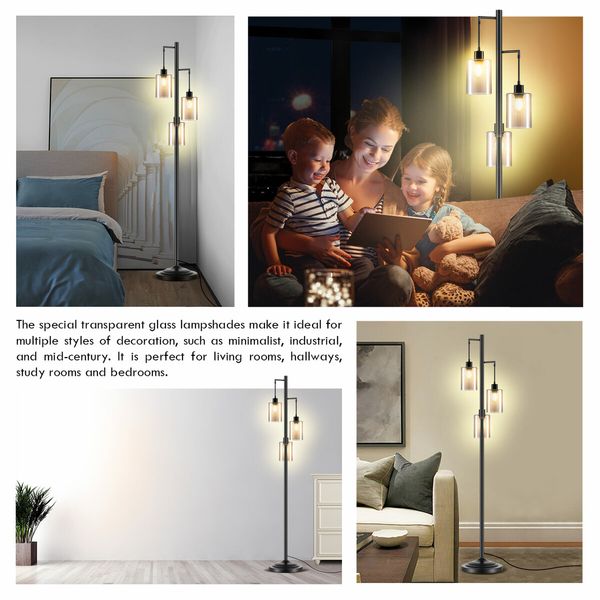 Modern LED Floor Lamp 3 Lights Black Standing Corner Reading Light Living Sitting Room Decor 165cm with Glass Lampshades