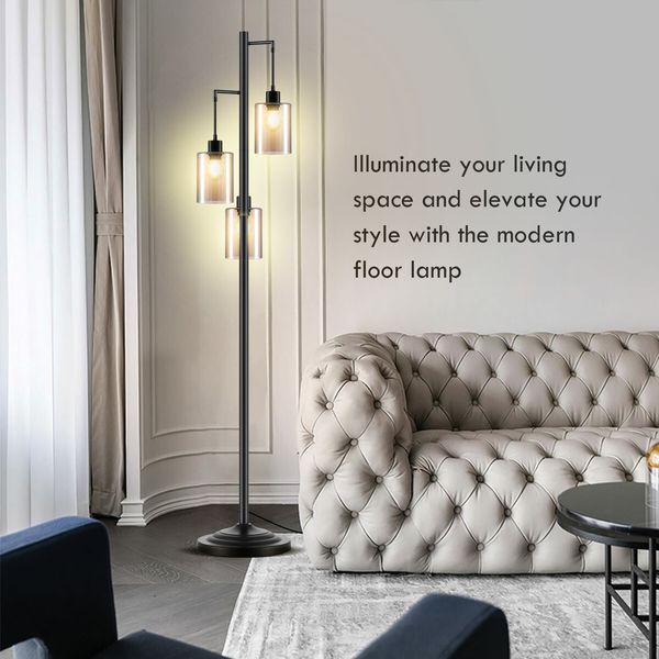 Modern LED Floor Lamp 3 Lights Black Standing Corner Reading Light Living Sitting Room Decor 165cm with Glass Lampshades