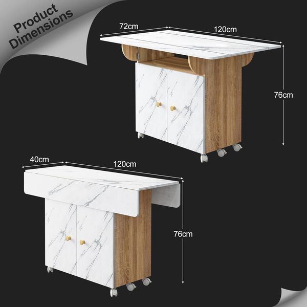 Folding Dining Table with Wheels Extendable Outdoor Furniture Breakfast Room Dinner Kitchen Bar Camp Picnic Desk 2 Storage Cabinets Marble Wood