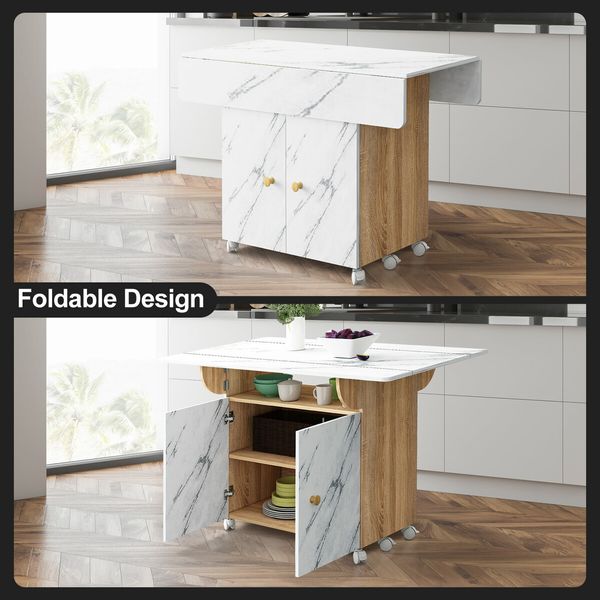 Folding Dining Table with Wheels Extendable Outdoor Furniture Breakfast Room Dinner Kitchen Bar Camp Picnic Desk 2 Storage Cabinets Marble Wood