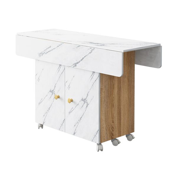 Folding Dining Table with Wheels Extendable Outdoor Furniture Breakfast Room Dinner Kitchen Bar Camp Picnic Desk 2 Storage Cabinets Marble Wood