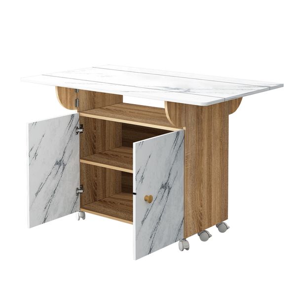 Folding Dining Table with Wheels Extendable Outdoor Furniture Breakfast Room Dinner Kitchen Bar Camp Picnic Desk 2 Storage Cabinets Marble Wood