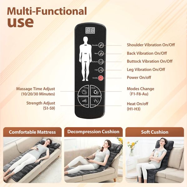 HOMASA Heated Massage Mat Full Body Vibration Electric Heating Pad Shiatsu Neck Shoulder Leg Massager 10 Motors Car Seat Cushion