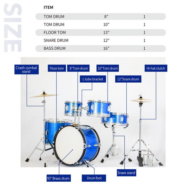 Melodic Classic 5 Piece Drum Set Kit for Children Kids with Stool Cymbals Drumsticks Blue