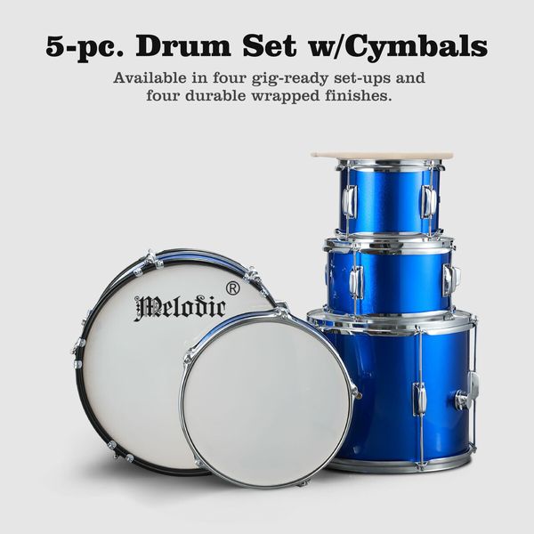 Melodic Classic 5 Piece Drum Set Kit for Children Kids with Stool Cymbals Drumsticks Blue