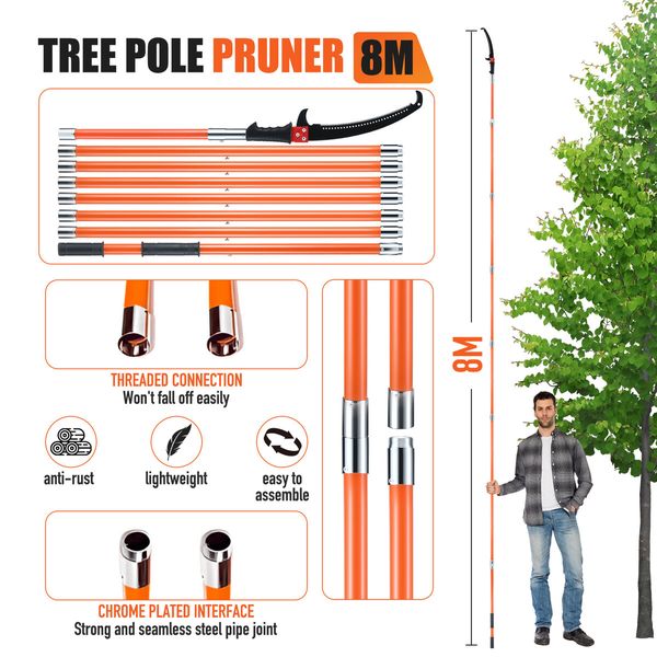 Manual Pole Saw Tree Pruner Extendable Branch Pruning Trimmer Trimming Cutter with 8 Fibreglass Rods Sharp Steel Blades Scissors