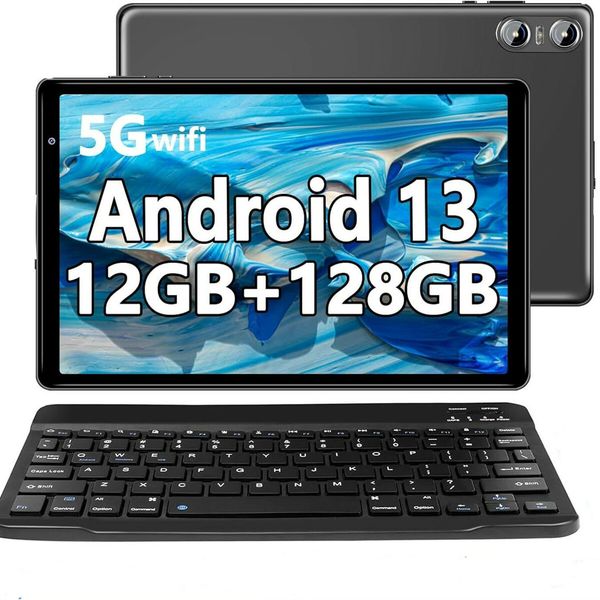 Tablet 10.1 Inch Android 13 PC 12GB 128GB Octa-Core 2.0 GHz 5G WiFi HD Screen Dual Camera Bluetooth 5.0 Keyboard Mouse Included Grey