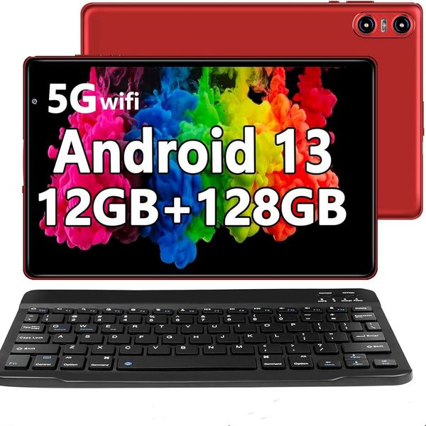 Tablet 10.1 Inch Android 13 PC with 12G 128 GB Support Octa-Core 2.0 GHz 5G WiFi Dual Camera Bluetooth 5.0 HD Screen Tablet with Keyboard Mouse-Red