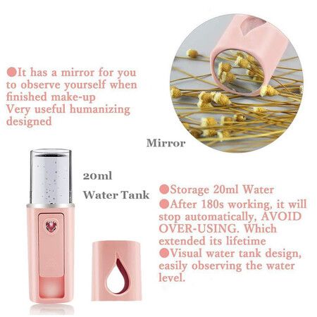 Portable Nano Facial Mister, Mini Facial Steamer Atomization Eyelash Extensions with Mirror and 20ml Visual Water Tank, Pink