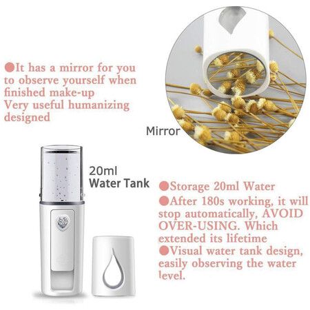 Portable Nano Facial Mister, Mini Facial Steamer Atomization Eyelash Extensions with Mirror and 20ml Visual Water Tank, White