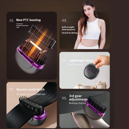 Portable Hair Comb Straightener Brush,Fast Heating 3 Temp Settings,Anti-Scald,For Travel Daily Use,Suitable For Men Long Beard And Women Hair