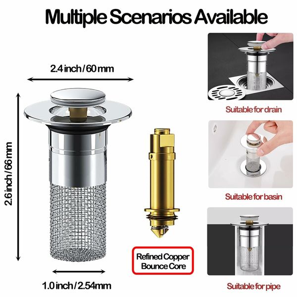 Pop Up Bathroom Sink Drain Strainer Hair Catcher,Sink Drain Stopper with Removable Stainless Steel Filter Basket,for Universal Bathroom Kitchen Basin Sink Stopper Replacement