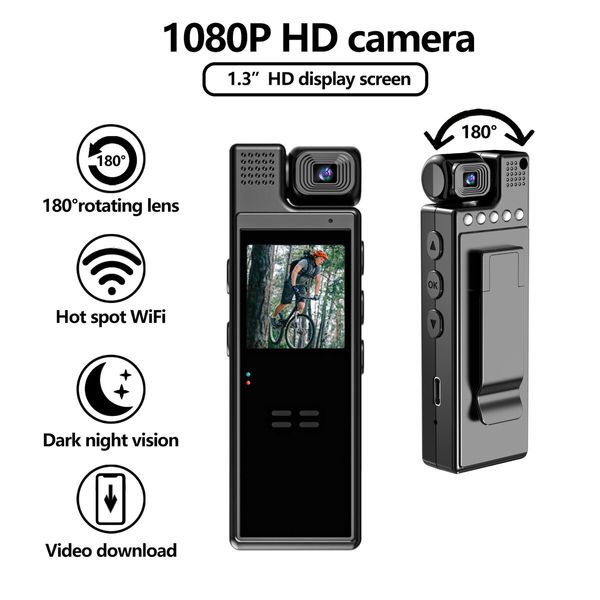 Mini Body Camera 1080P Portable Small Cam Wearable Pocket Video Recorder with 180 Degree Rotatable Lens, 1.3in LCD, Night Vision for Security Guard