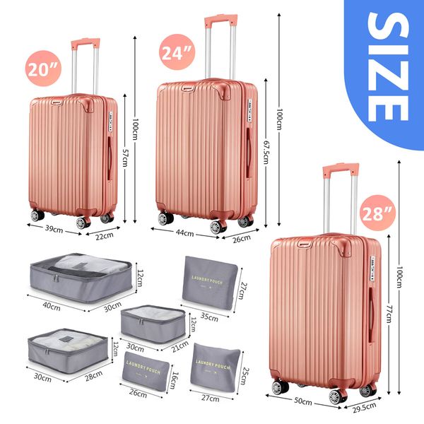 3 Piece Luggage Set Travel Carry On Hard Suitcases Trolley Lightweight Cabin Bags TSA Lock Cover 6 Packing Cubes Rose Gold