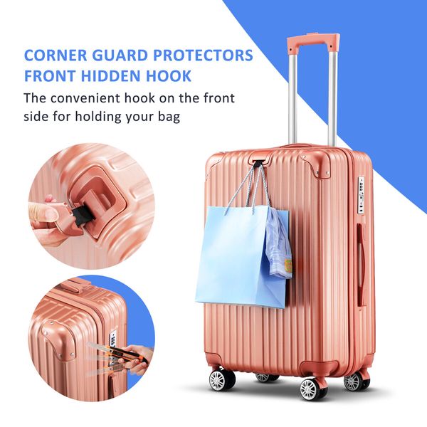 3 Piece Luggage Set Travel Carry On Hard Suitcases Trolley Lightweight Cabin Bags TSA Lock Cover 6 Packing Cubes Rose Gold