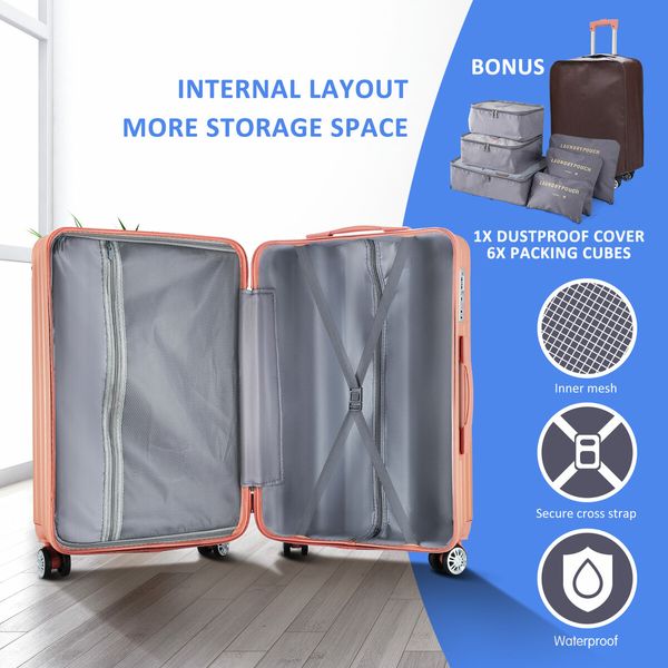 3 Piece Luggage Set Travel Carry On Hard Suitcases Trolley Lightweight Cabin Bags TSA Lock Cover 6 Packing Cubes Rose Gold