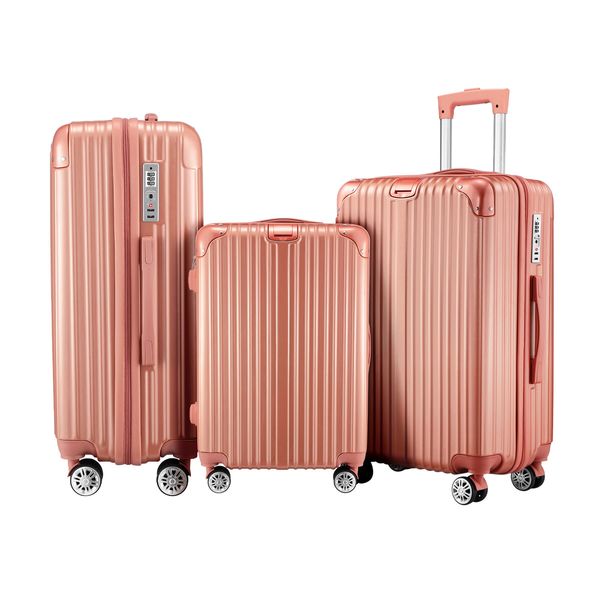 3 Piece Luggage Set Travel Carry On Hard Suitcases Trolley Lightweight Cabin Bags TSA Lock Cover 6 Packing Cubes Rose Gold